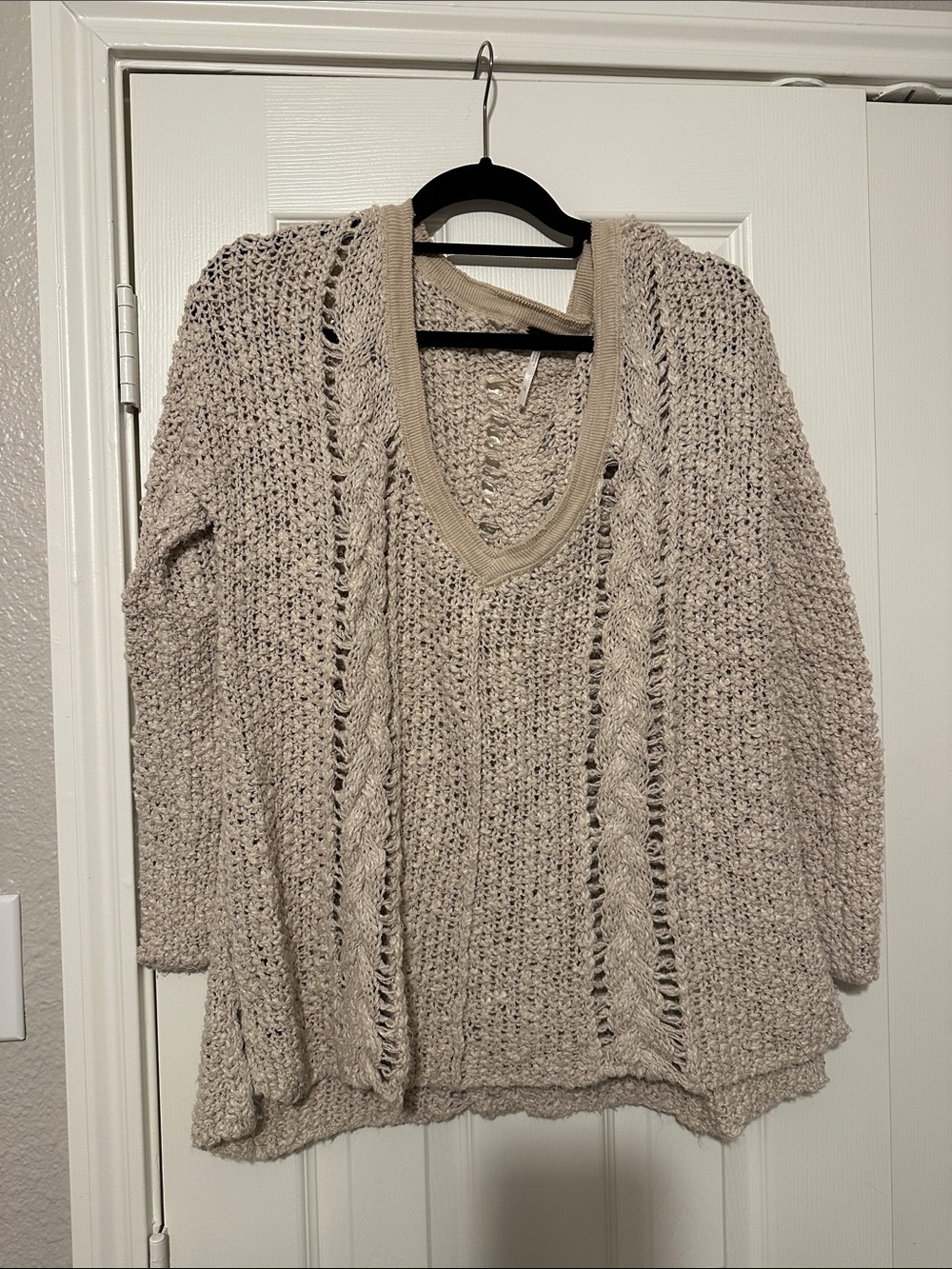 Free People Taupe Open-Knit V-Neck Chunky Sweater
